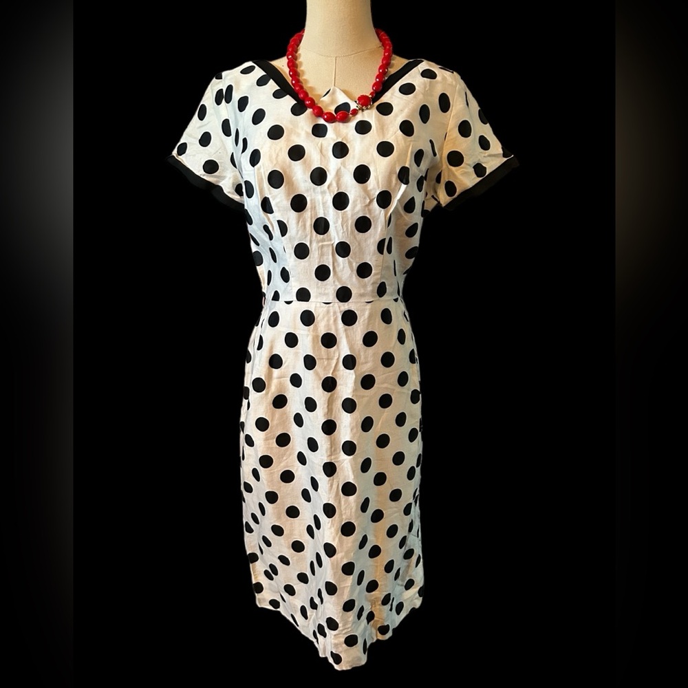 Vintage 50s Mad Men Marilyn Pin Up Polka Dot Midi Wiggle Dress White Black S M